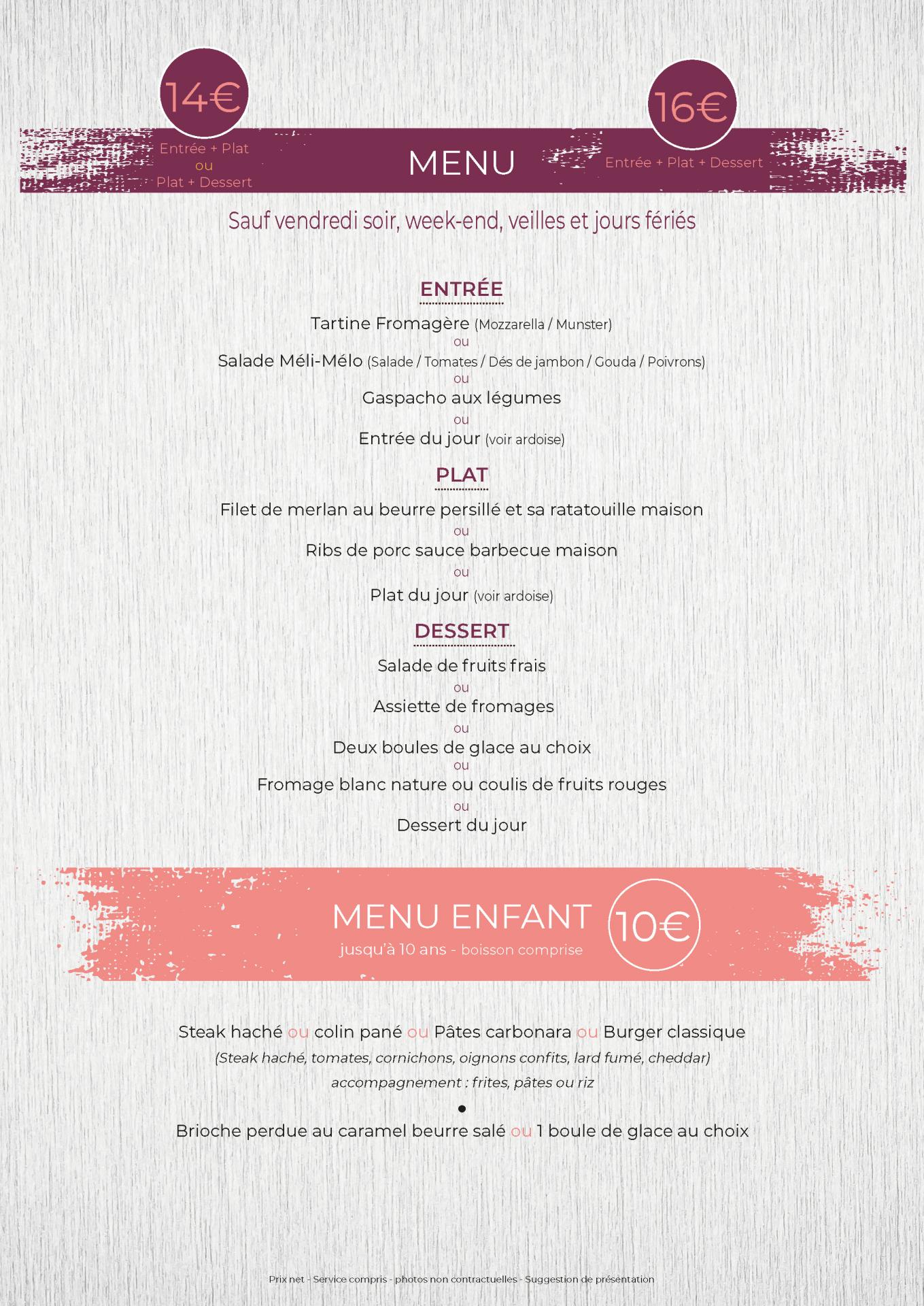 La carte du restaurant